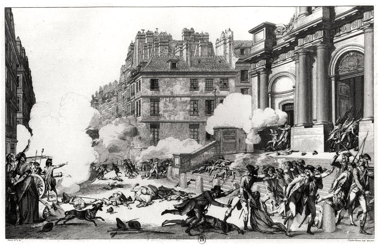 Tag des 13. Vendémiaire Jahr IV (5. Oktober 1795), Schießerei vor der St. Roch Kirche in Paris, graviert von Jean Duplessi-Bertaux (1747-1819) von Charles Monnet