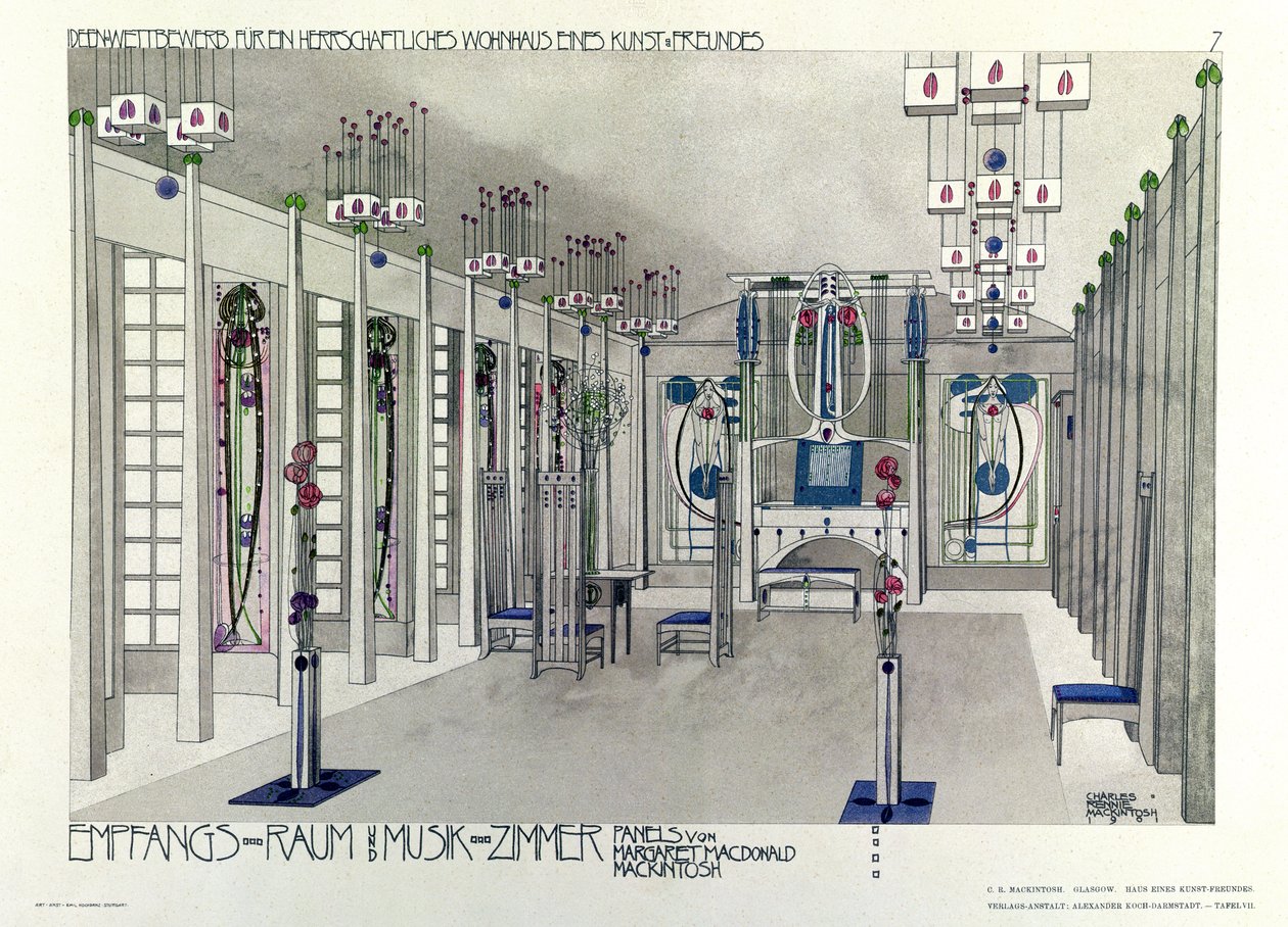 Entwurf für ein Musikzimmer mit Paneelen von Margaret Macdonald Mackintosh, 1901 von Charles Rennie Mackintosh