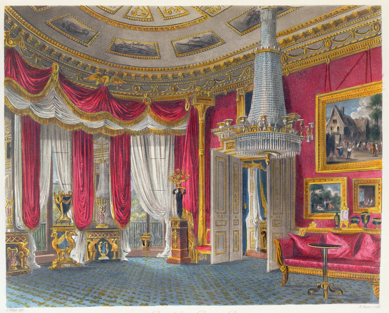 Das Rosensatin-Zimmer, Carlton House, Blick nach Südwesten, graviert von R. Reeve, aus 