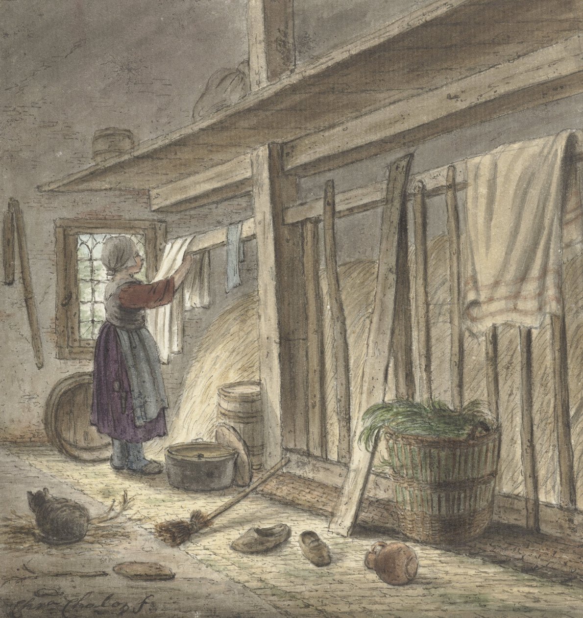 Hoekje van een stal met een meisje dat een doek ophangt (1772) von Christina Chalon von Christina Chalon
