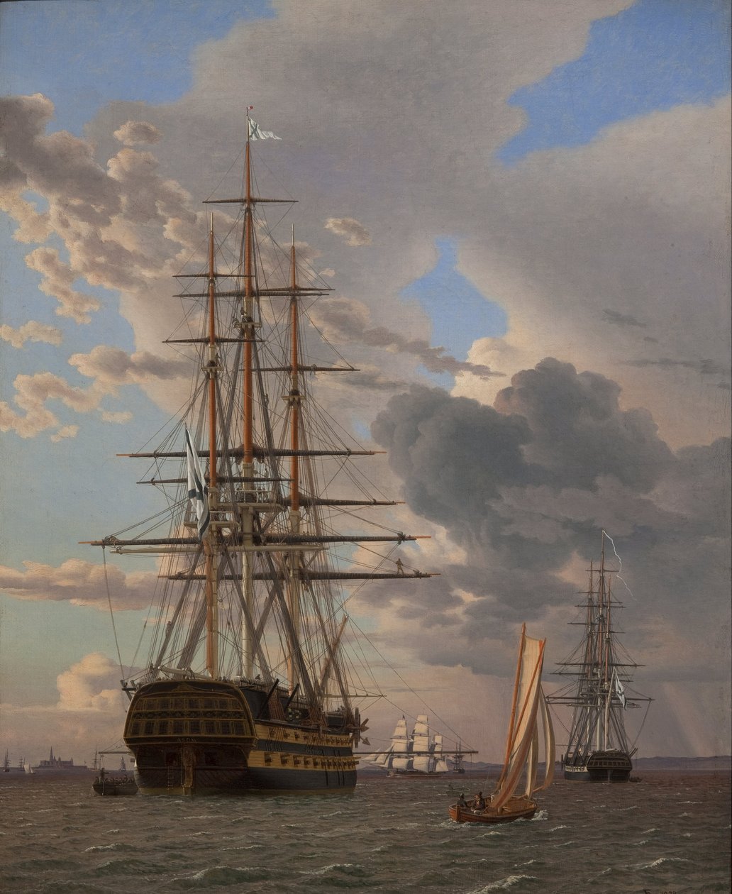 Das russische Linienschiff Asow und eine Fregatte vor Anker in den Gewässern von Elsinore von Christoffer Wilhelm Eckersberg