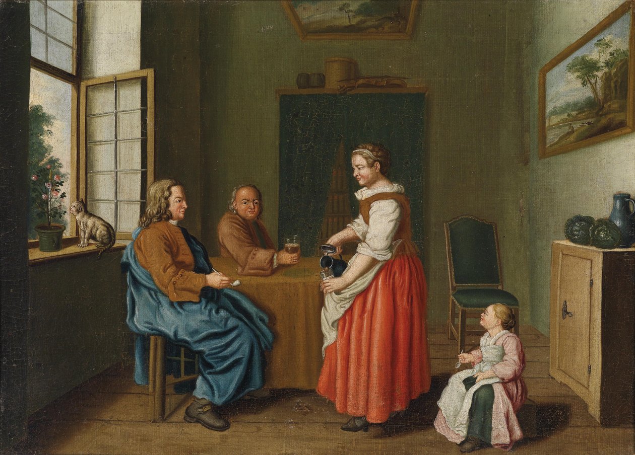Interieur mit zwei Männern am Tisch und einer Magd, die sie bedient von Jan Josef Horemans II