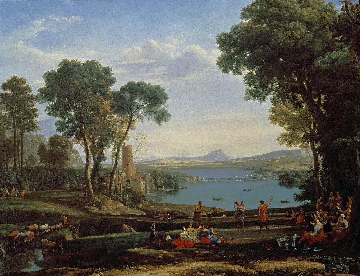 Landschaft mit der Hochzeit von Isaak und Rebekka (Die Mühle), 1648 von Claude Lorrain