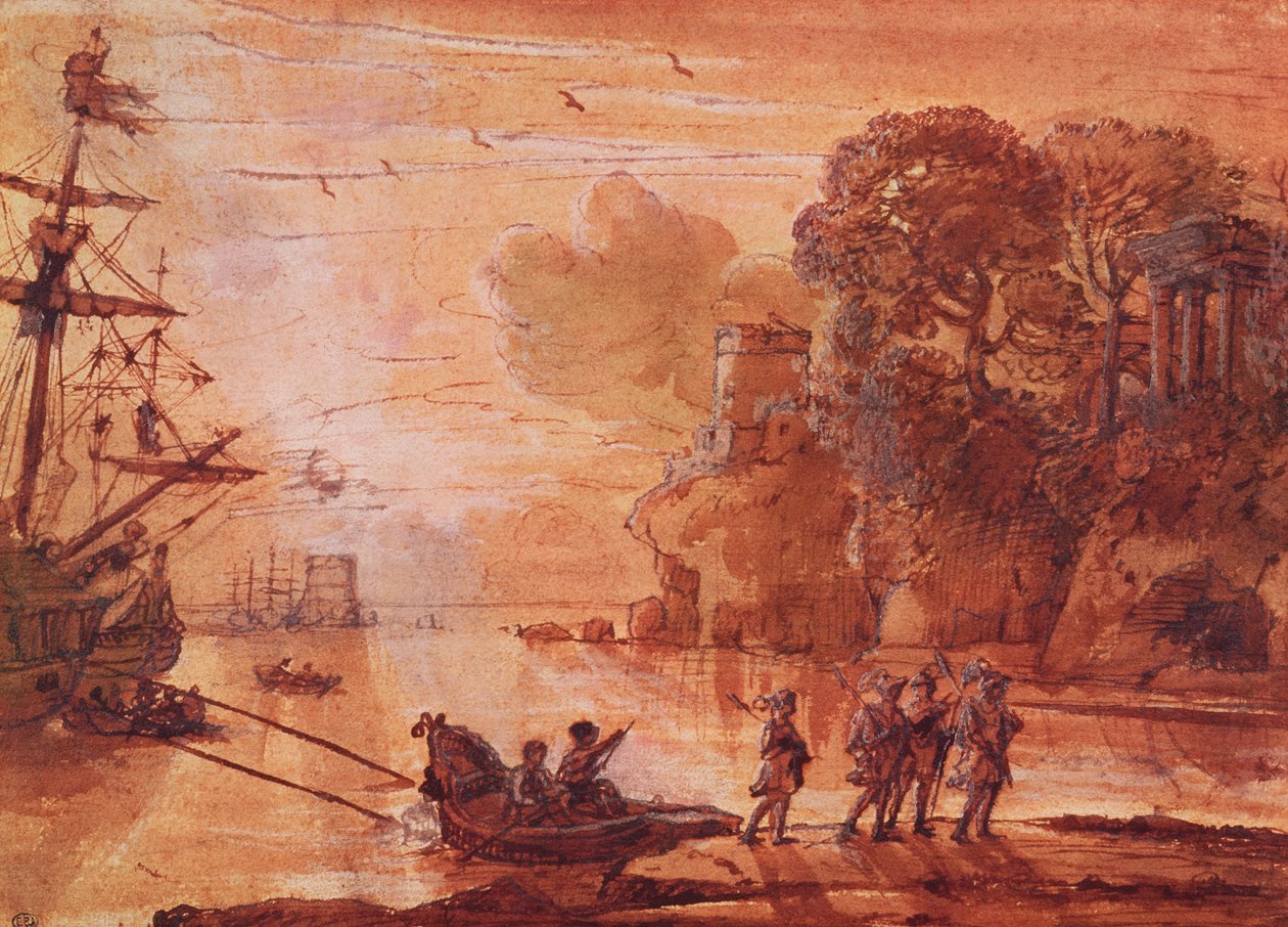 Die Ausschiffung von Kriegern in einem Hafen, möglicherweise Aeneas in Latium, 1660-65 von Claude Lorrain