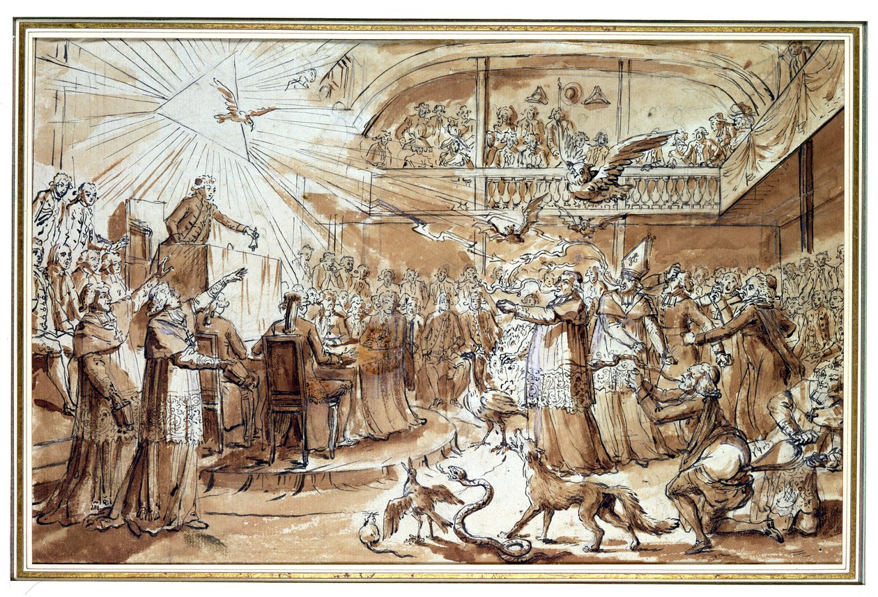 Karikatur des Klerus bei der Verfassungsversammlung im Dezember 1790, die die Einführung der Zivilverfassung der Kirche ablehnt, 1790 von Claude Louis Desrais