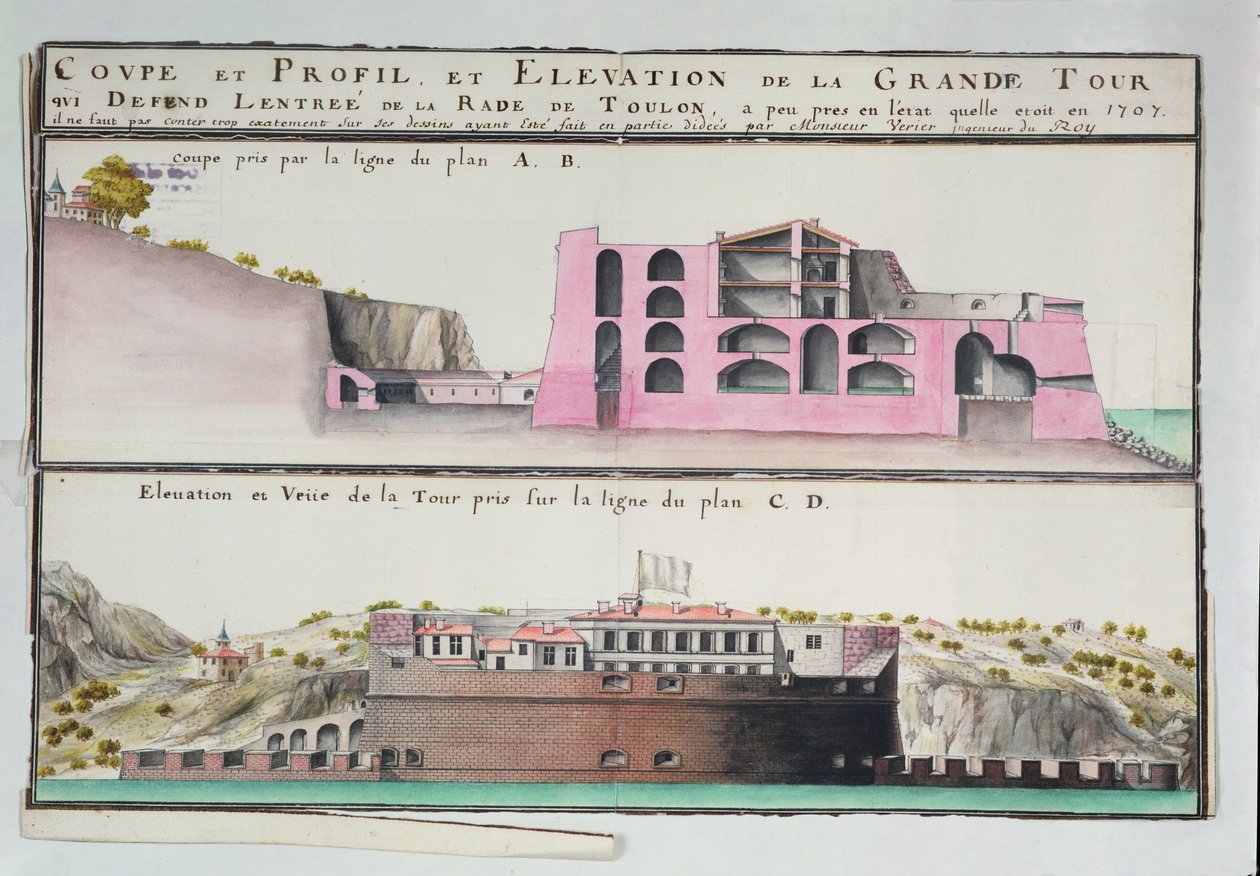 Ms 508131 K fol.107 Querschnitt und Aufriss des Hafenturms in Toulon, aus 