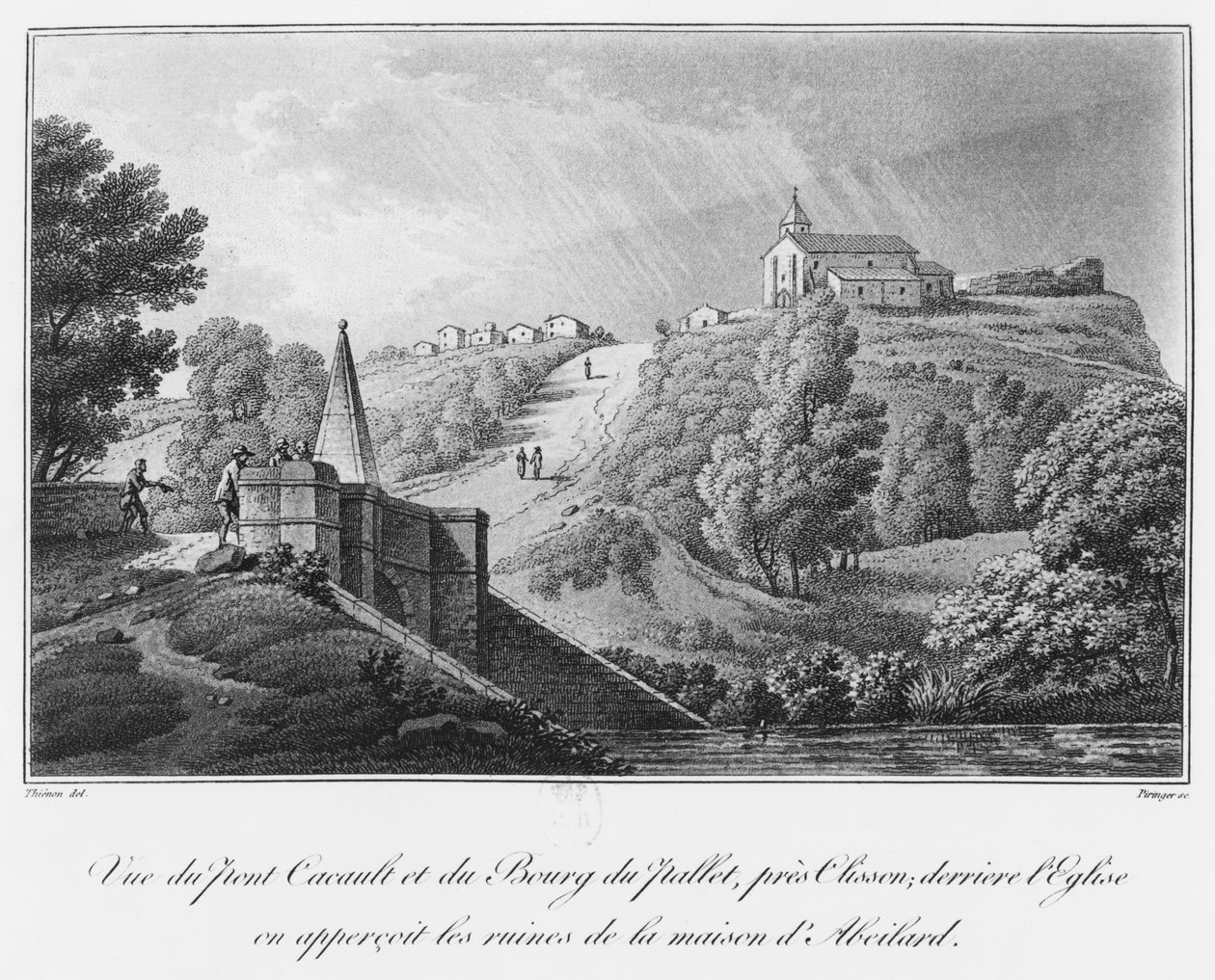 Ansicht der Cacault-Brücke und des Dorfes Pallet, in der Nähe von Clisson, Ruinen des Hauses von Abelard, Illustration aus 