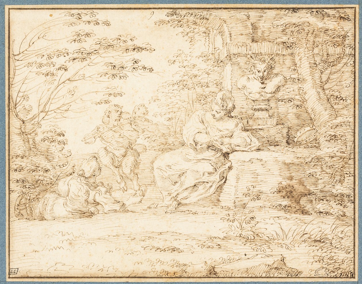Zwei ruhende Frauen und zwei tanzende Satyrn von Claude Gillot