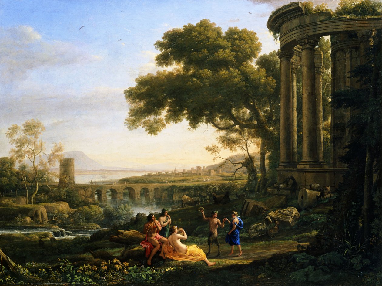 Landschaft mit Nymphe und Satyr beim Tanzen von Claude Lorrain
