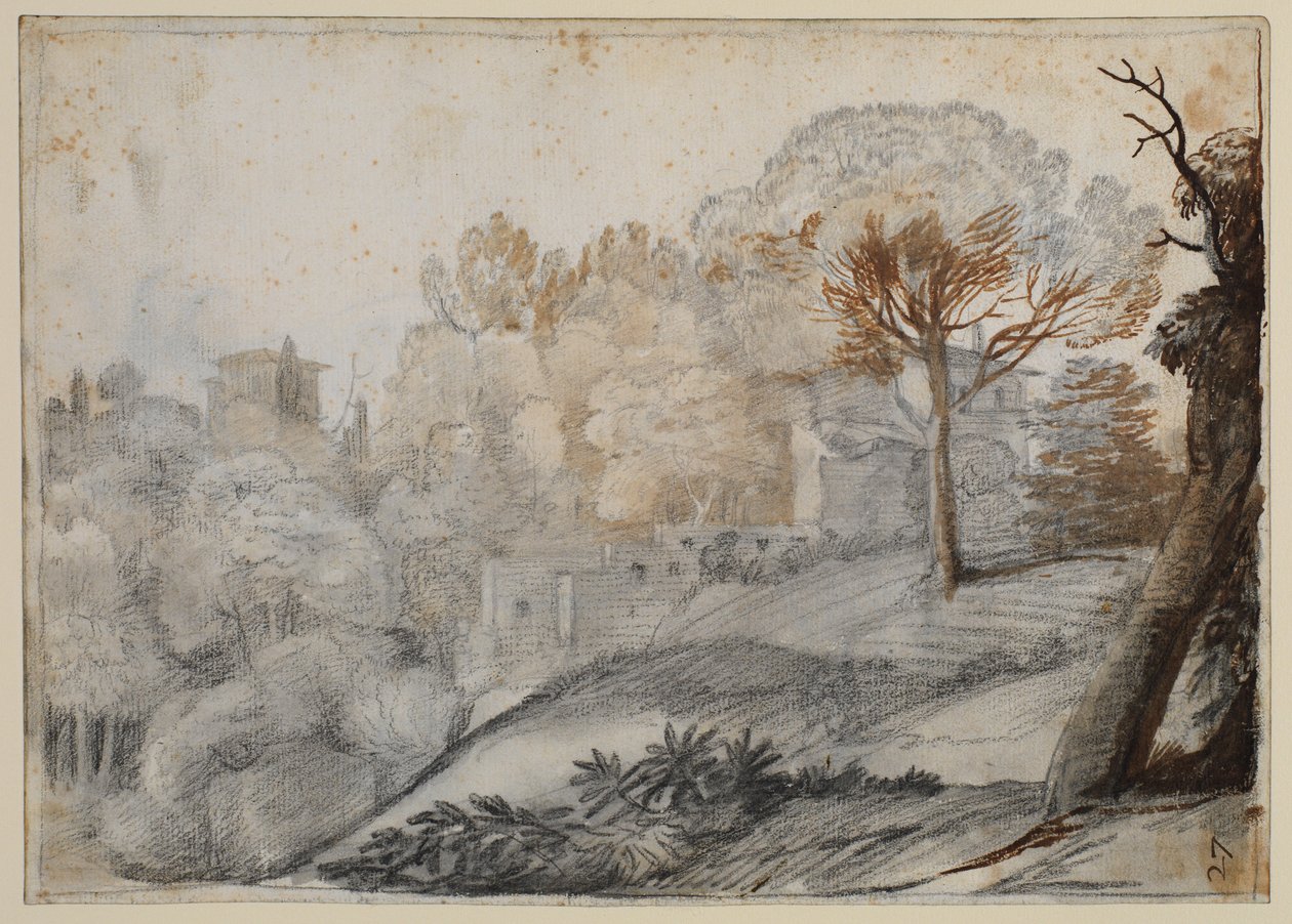 Landschaft mit Bäumen und Gebäuden von Claude Lorrain