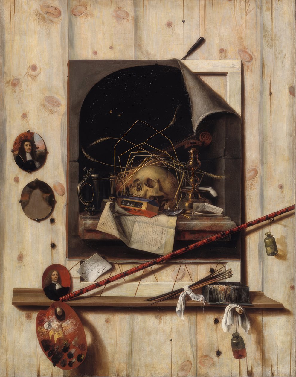 Trompe l’oeil mit Atelierwand und Vanitas-Stillleben von Cornelis Norbertus Gysbrechts