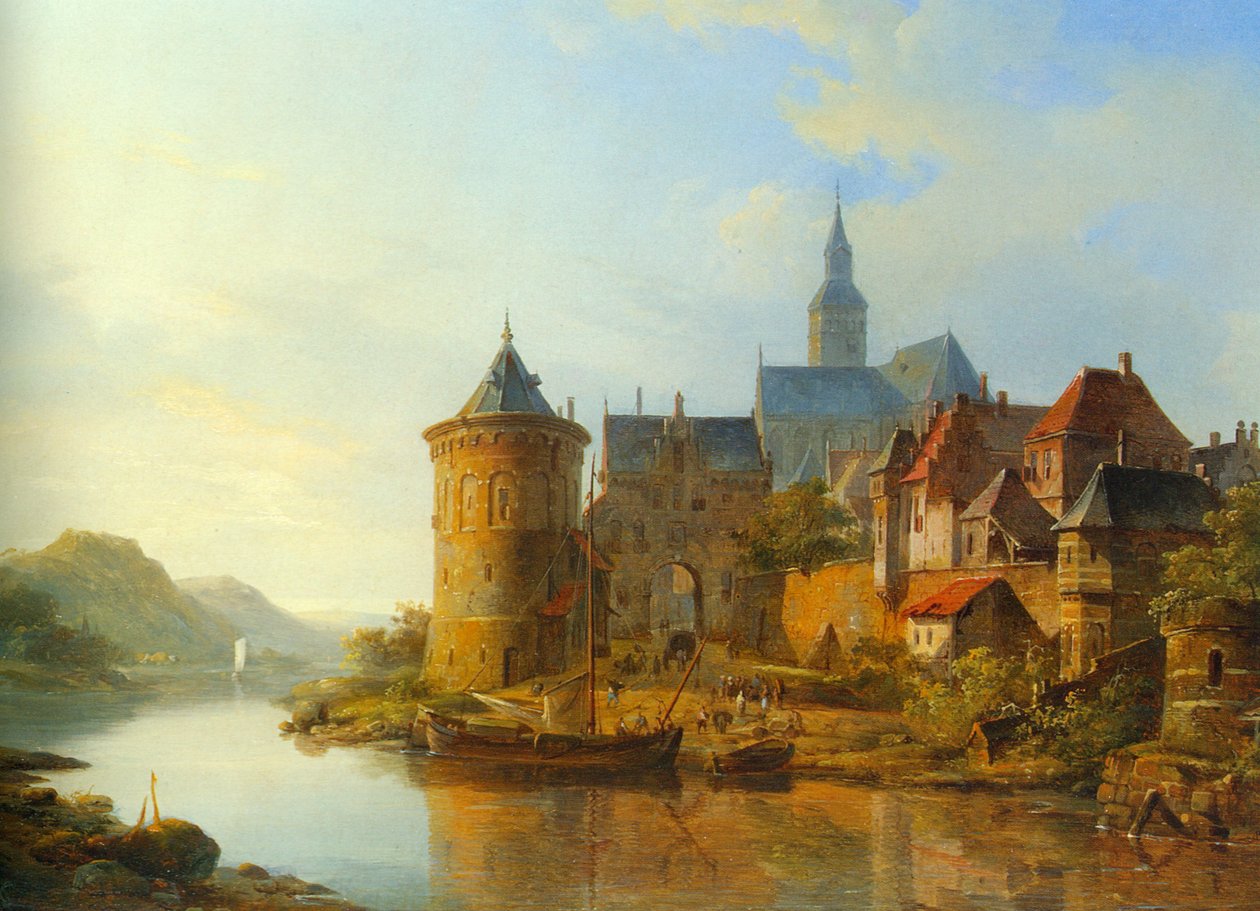 Ansicht einer Stadt am Rhein von Cornelis Springer