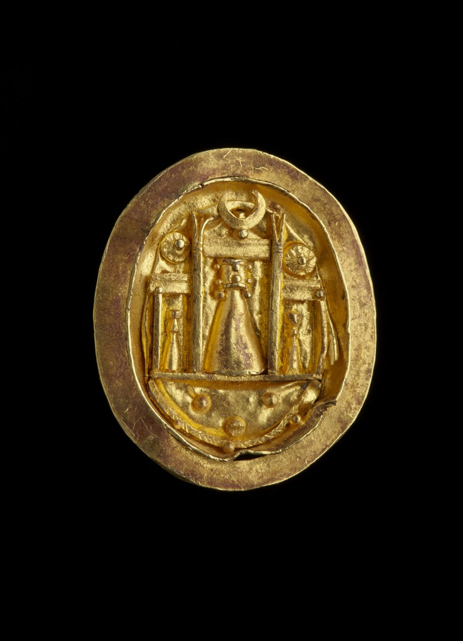 Goldener Fingerring mit Fassung, die das Heiligtum der Aphrodite in Paphos zeigt, Römische Zeit (Zypern) ca. 50 v. Chr. - 330 n. Chr. (Gold) von Cypriot