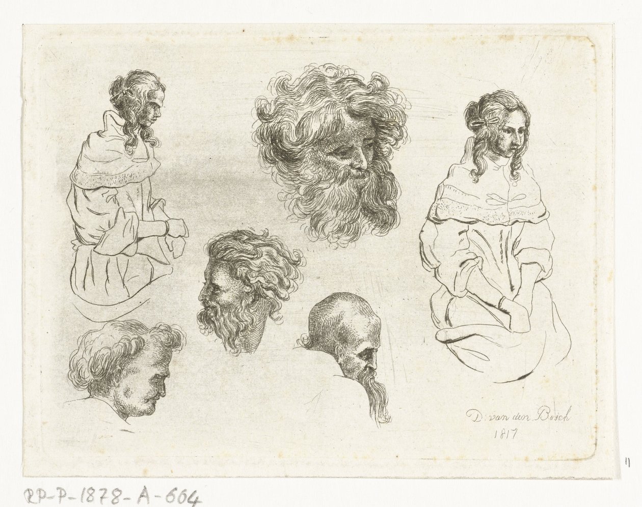 Studienblatt mit Köpfen und Frauenkörpern von D. van den Bosch