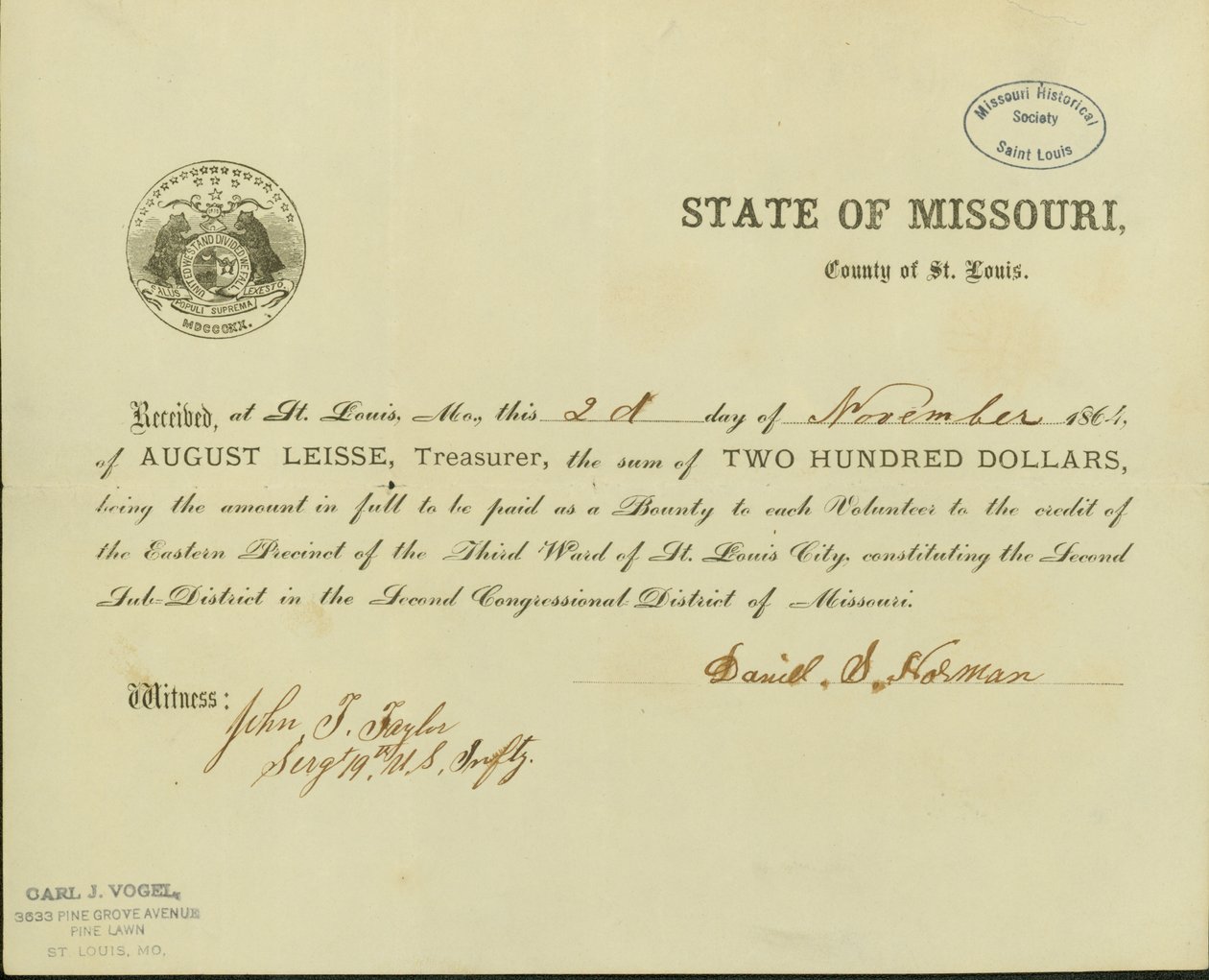 Staaten, die Daniel S. Horman von August Leisse, dem Schatzmeister des Staates Missouri, County of St. Louis, zweihundert Dollar als Prämie erhalten hat von Daniel S. Horman