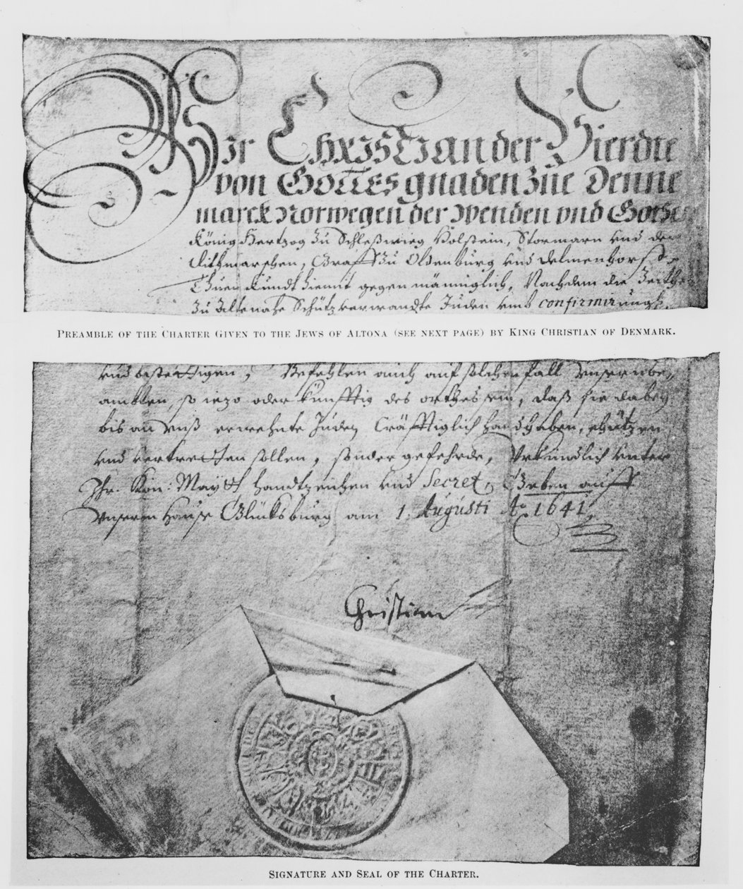 Präambel, Unterschrift und Siegel der Charta, die den Juden von Altona von König Christian von Dänemark gegeben wurde von Danish School