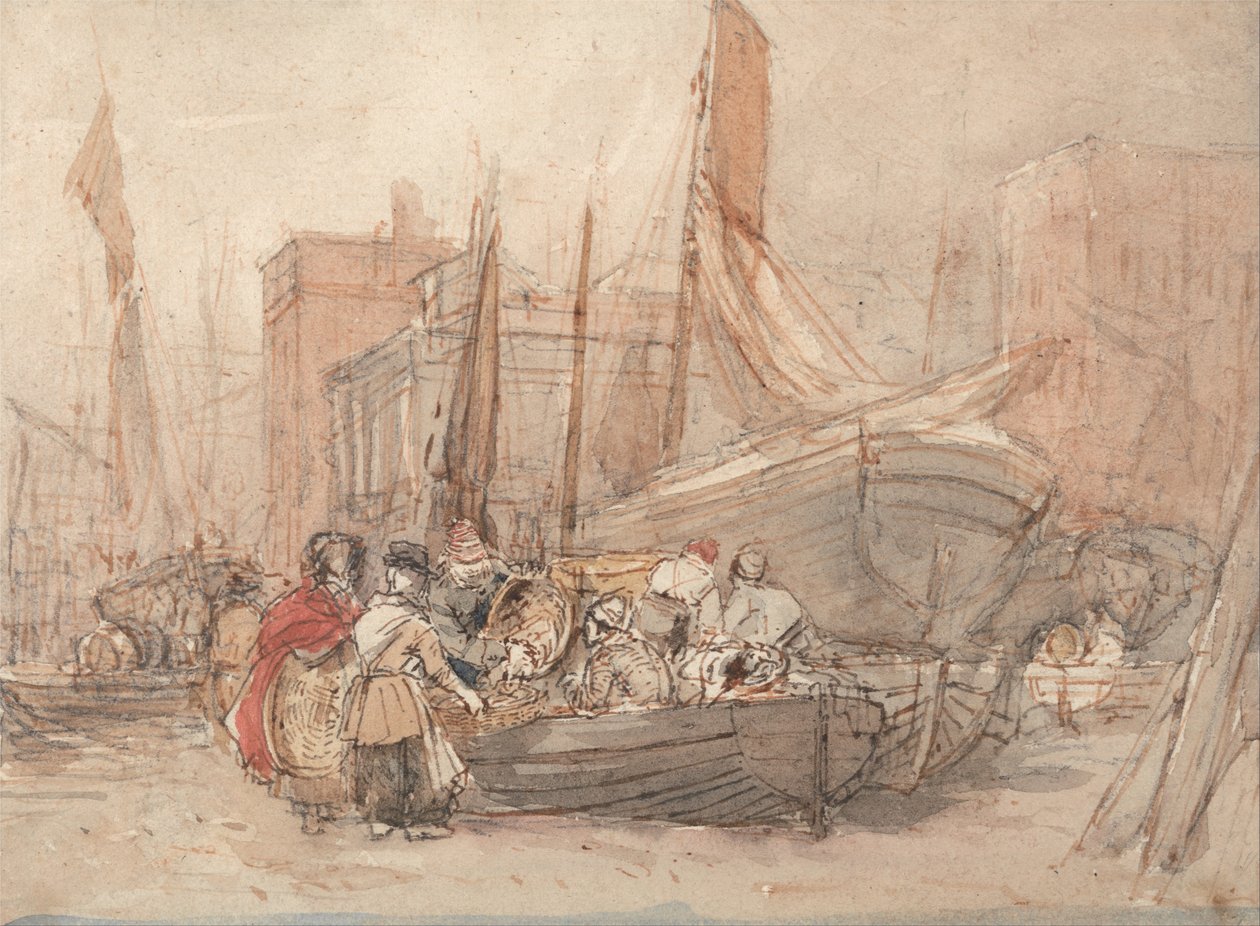 Hafenszene mit entladenen Fischerbooten von David Cox