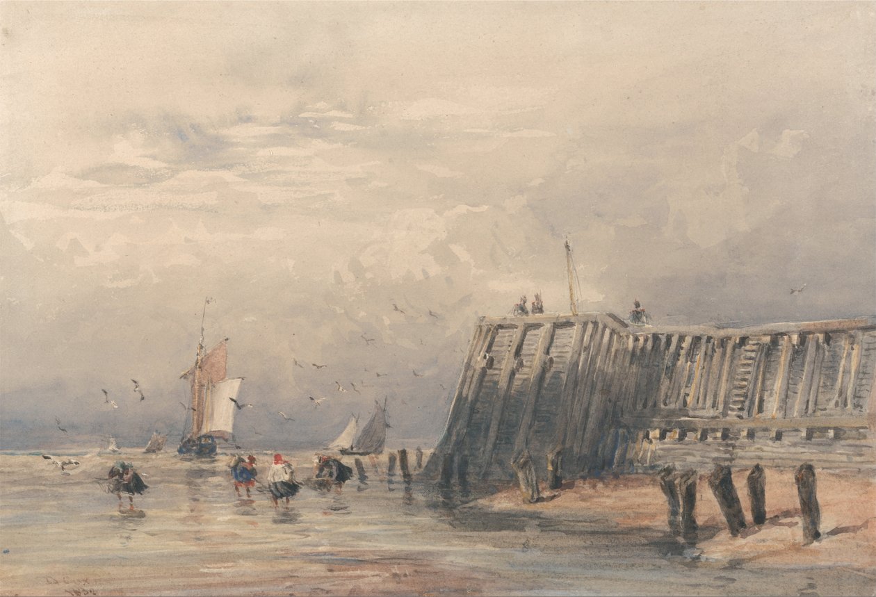 Segelbarken und Garnelenfischer vor einem Pier von David Cox