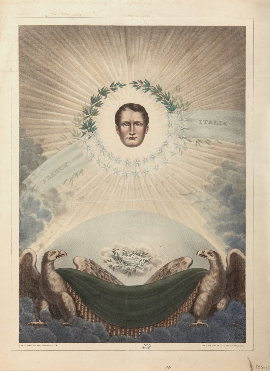 Allegorie von Napoleon umgeben von einem Lorbeerkranz und einem Stern, und unten Napoleon im Tod in ein Leichentuch gehüllt, 1828 von De Labarussias