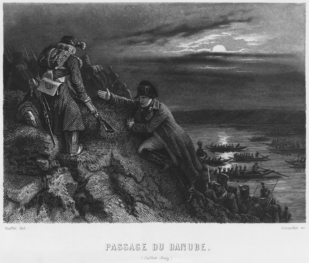 Napoleon I. Bonaparte (1769-1821) überquert die Donau in der Nacht des 4. Juli 1809, graviert von Abraham Girardet (1764-1823) von Denis Auguste Marie Raffet