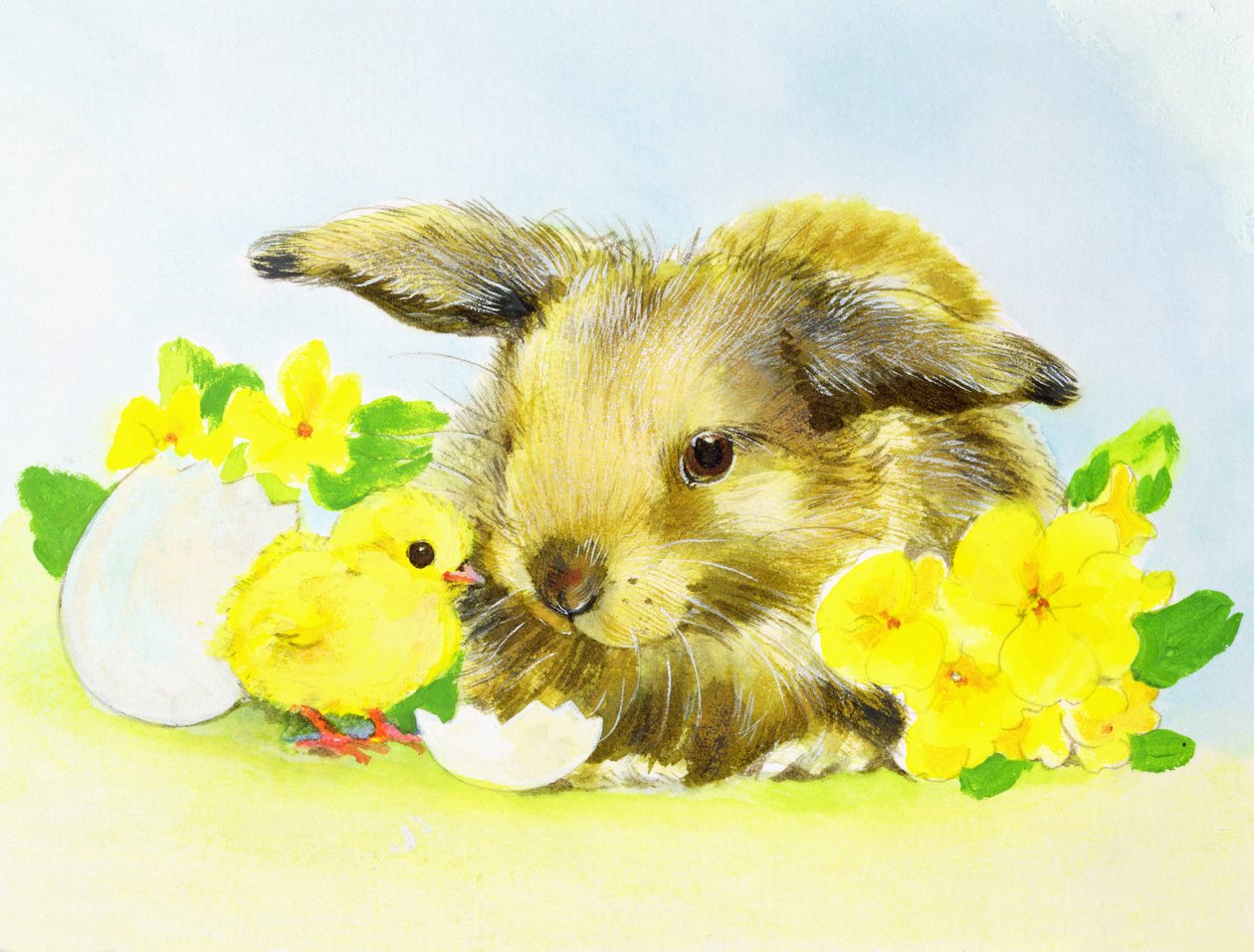 Osterhase mit Primel und Küken von Diane Matthes