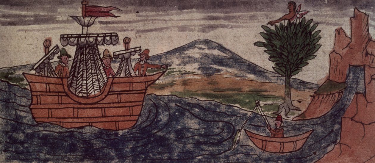 Fol.197v Ein indischer Spion beobachtet die Ankunft eines spanischen Schiffes an der mexikanischen Küste, 1579 von Diego Duran