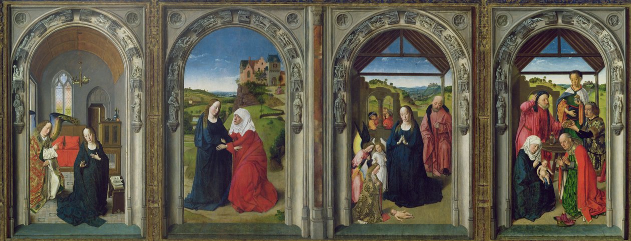 Triptychon mit der Verkündigung, der Heimsuchung, der Anbetung der Engel und der Anbetung der Könige, ca. 1445 von Dirck Bouts