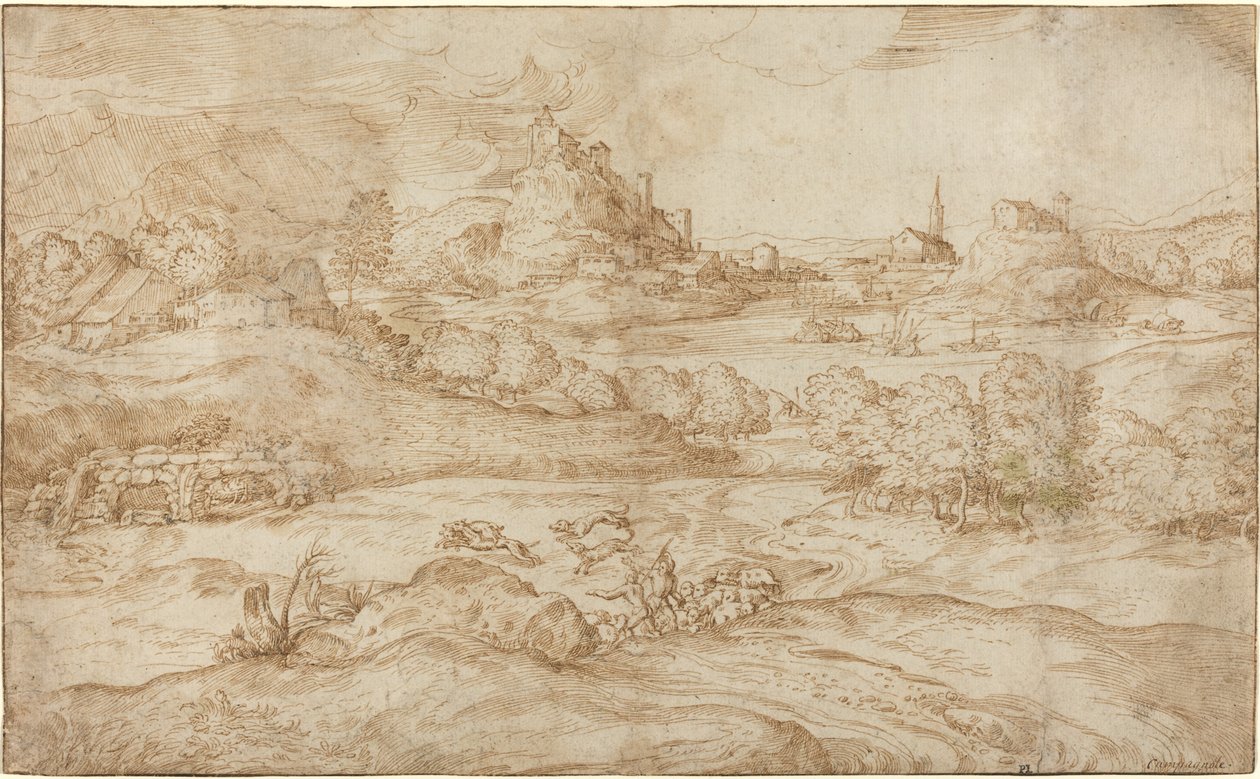Landschaft mit Hirten, die einen Wolf vertreiben von Domenico Campagnola