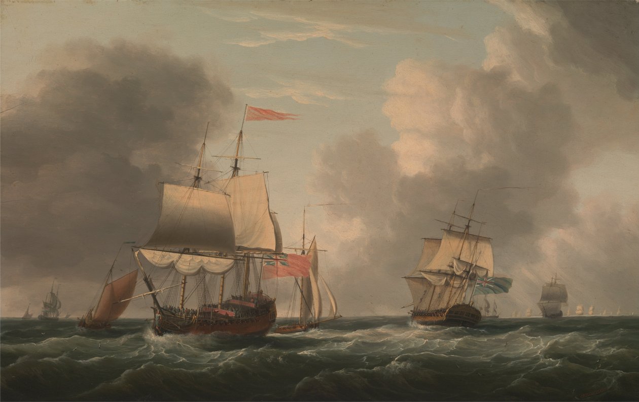 Ein englisches Zweidecker-Schiff bei frischer Brise, mit anderen Schiffen und Booten von Dominic Serres