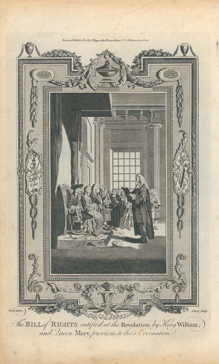 Die Bill of Rights, ratifiziert bei der Revolution durch König Wilhelm und Königin Maria, vor ihrer Krönung von Samuel Wale