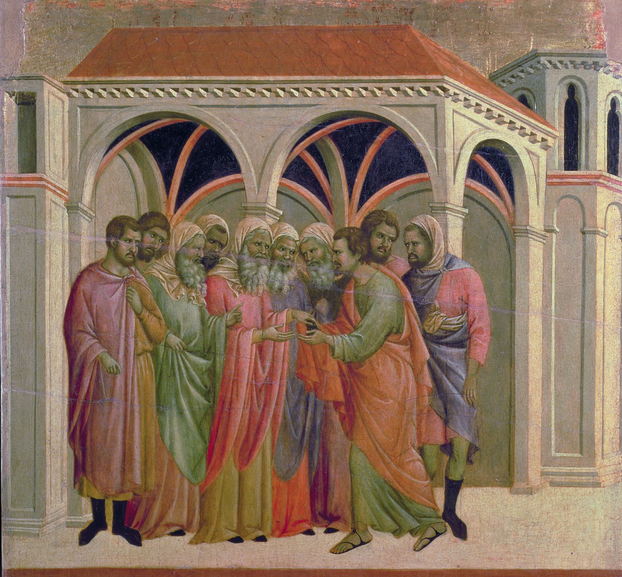 Maesta: Judas erhält dreißig Silberlinge, 1308-11 von Duccio di Buoninsegna