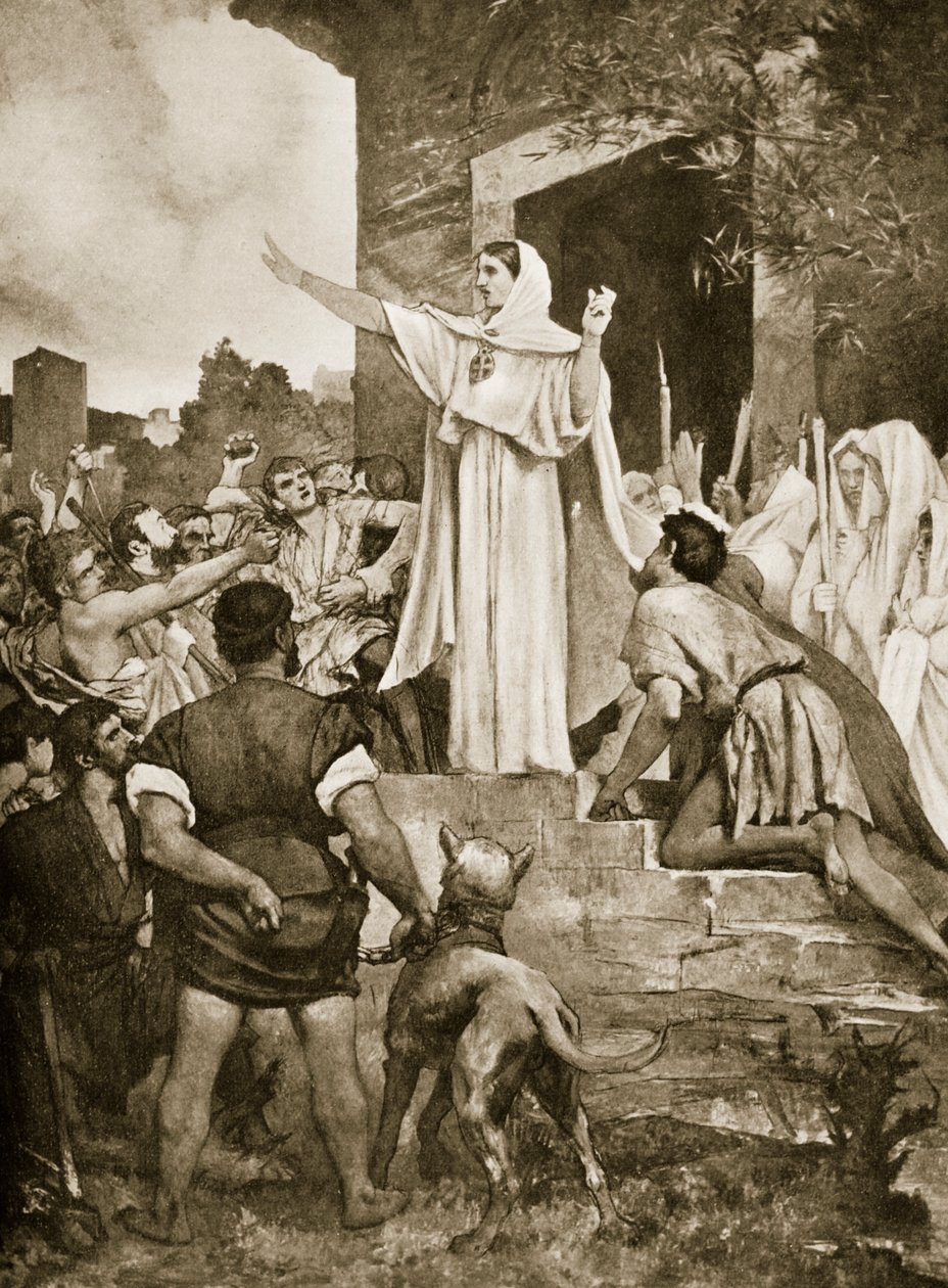 St. Genevieve beruhigt die Pariser während des Anmarschs von Attila, Illustration aus 