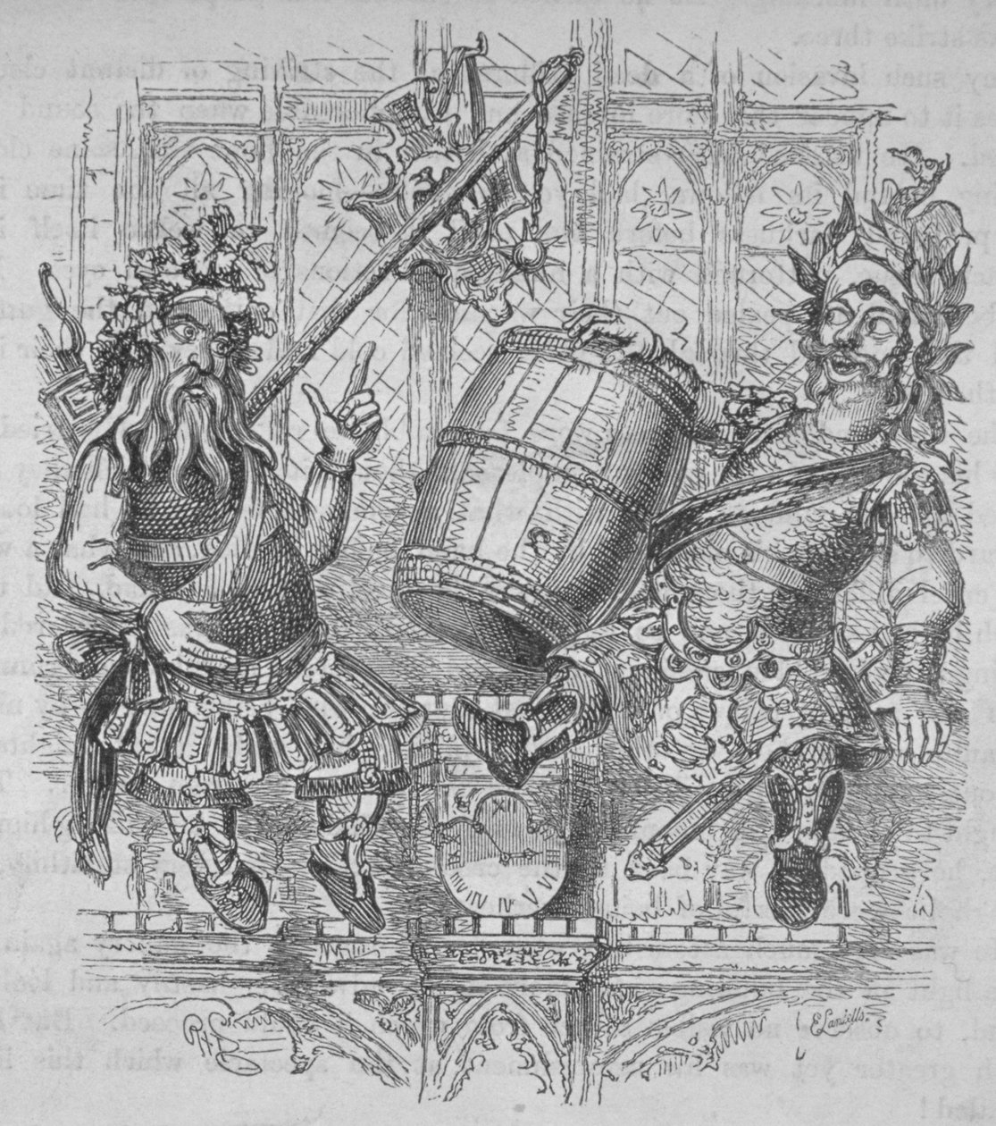 Gog und Magog mit einem Fass, 1840 von Ebenezer Landells