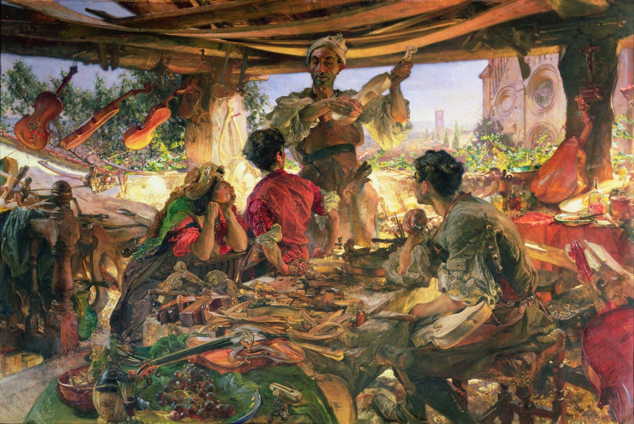 Stradivari in seiner Werkstatt in Cremona, 1913 von Edgar Bundy