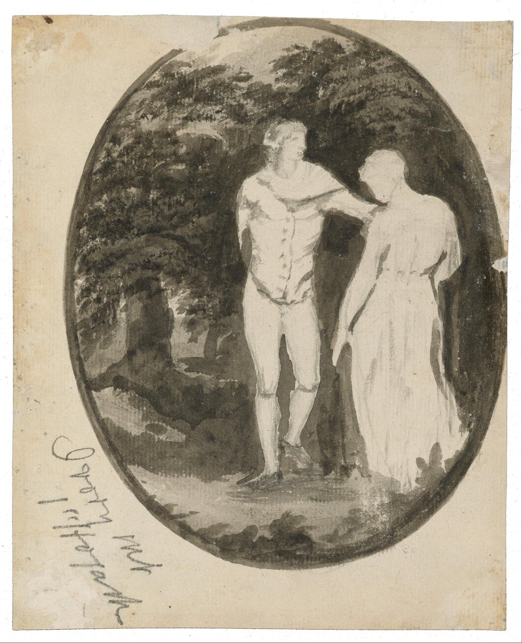 Ein Paar in einer bewaldeten Landschaft, oval gesetzt von Edward Lear