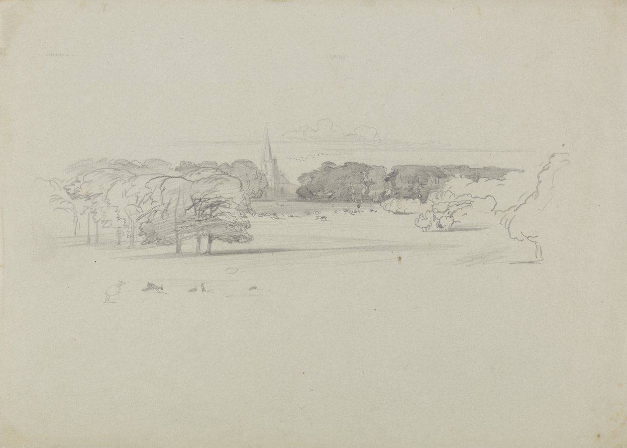 Blick über eine Wiese zu einer Kirche von Edward Lear