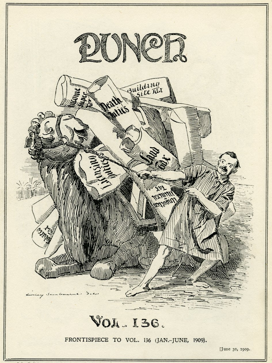 John Bull, dargestellt als Kamel, ist widerwillig, die neuen Steuerlasten zu tragen, die von Lloyd George im 