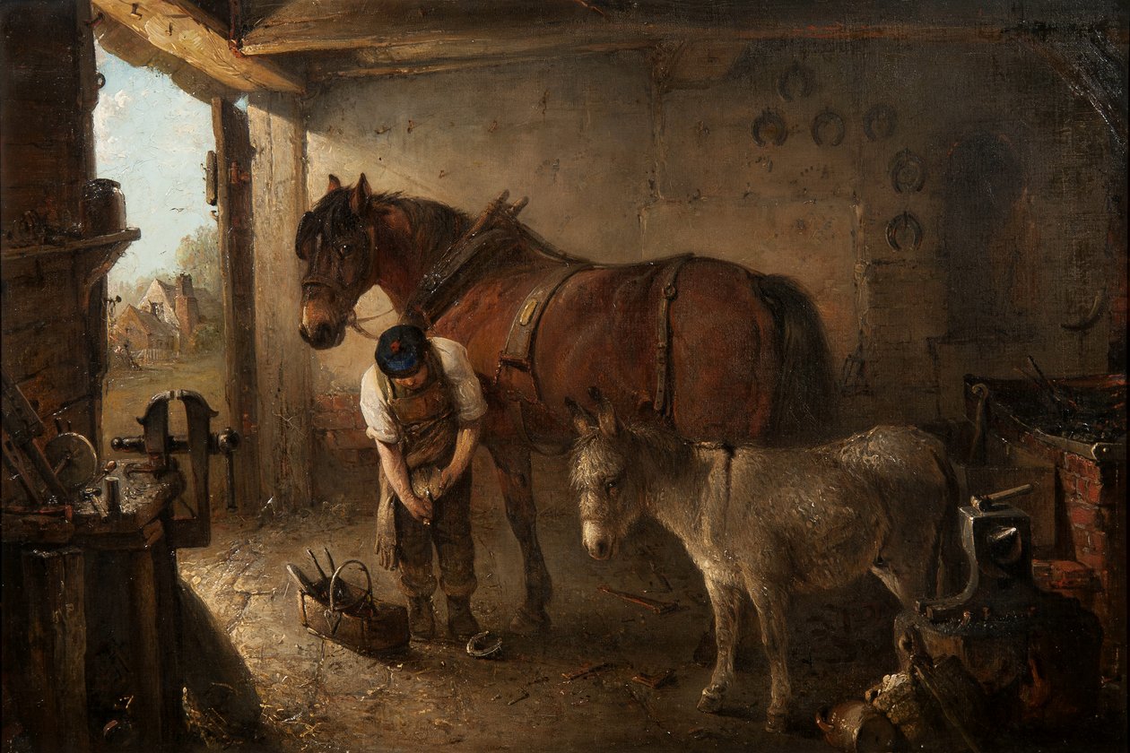 Ein Hufschmied beschlägt ein Pflugpferd, mit einem Esel, in einer Schmiede. von Edward Robert Smythe