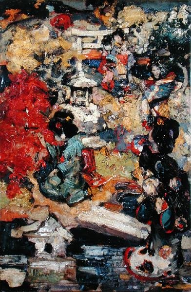 Japanische Figuren in einem Garten von Edward Atkinson Hornel