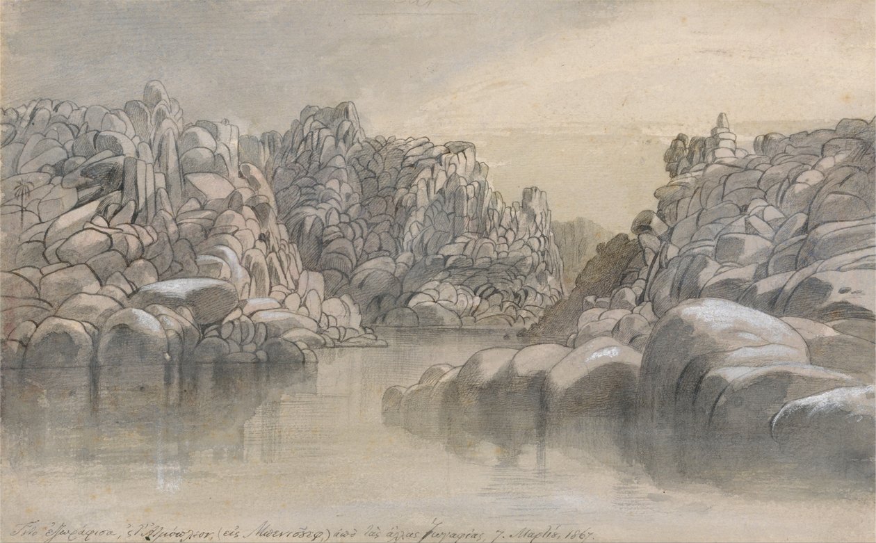 Flusspass zwischen halbkargen Felsklippen von Edward Lear
