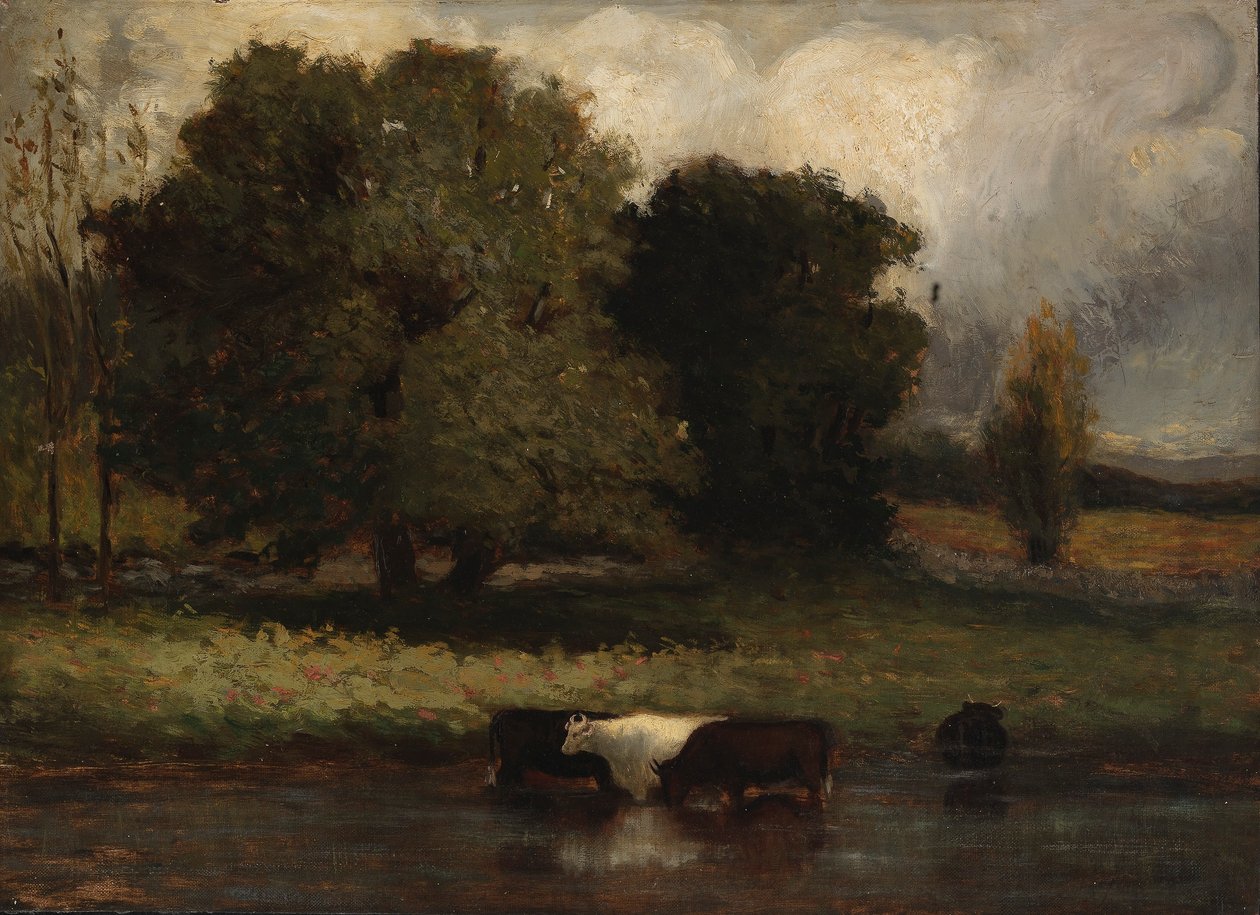 Ohne Titel (Vier Kühe waten im Teich) von Edward Mitchell Bannister