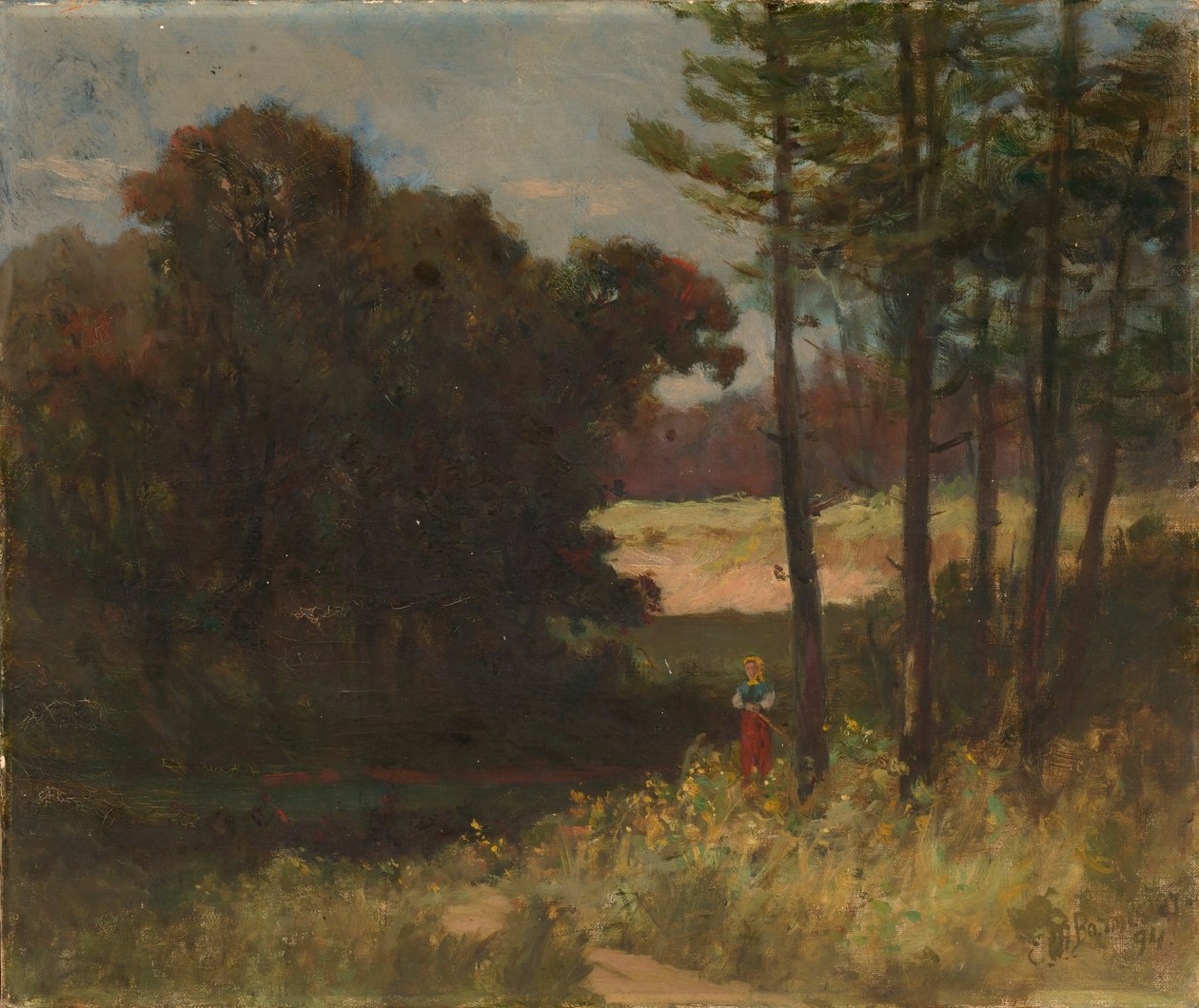 Ohne Titel (Landschaft mit Bäumen und Frau) von Edward Mitchell Bannister