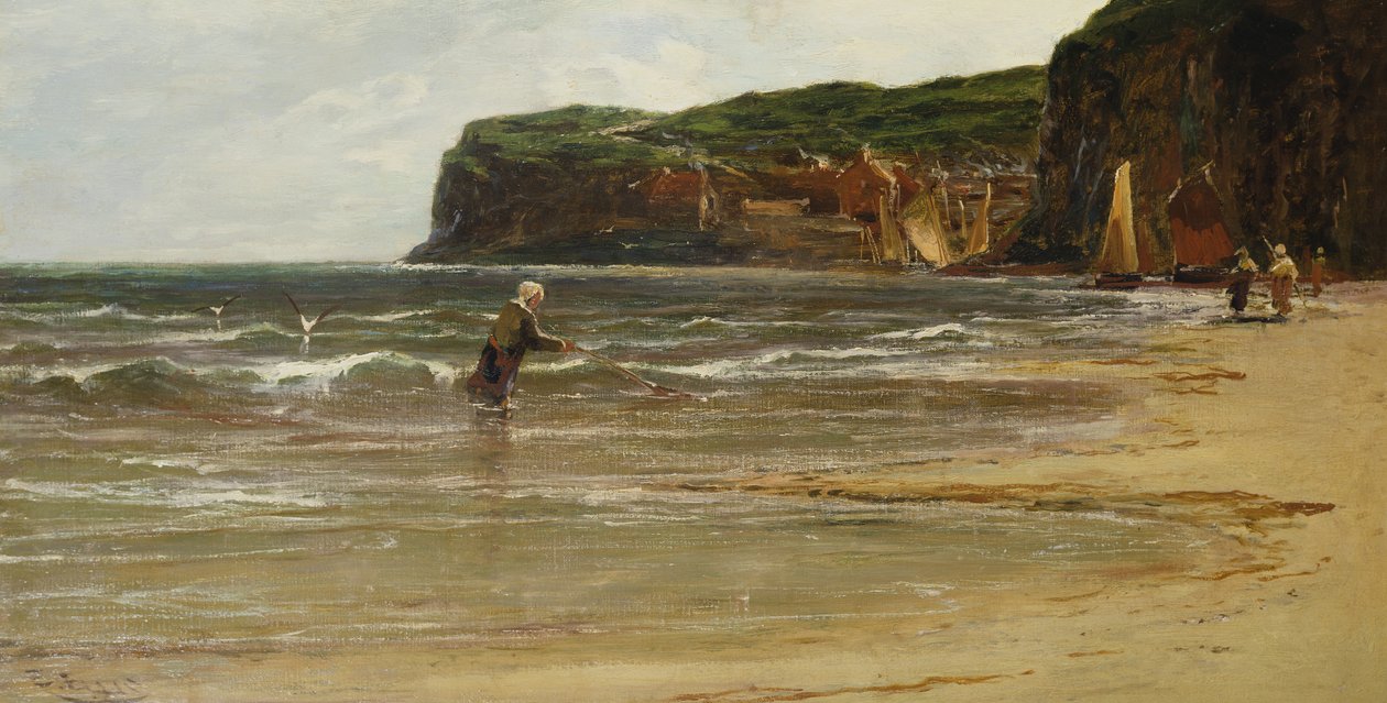 Küstenansicht mit Frau beim Garnelenfischen, ca. 1900 von Edwin Ellis