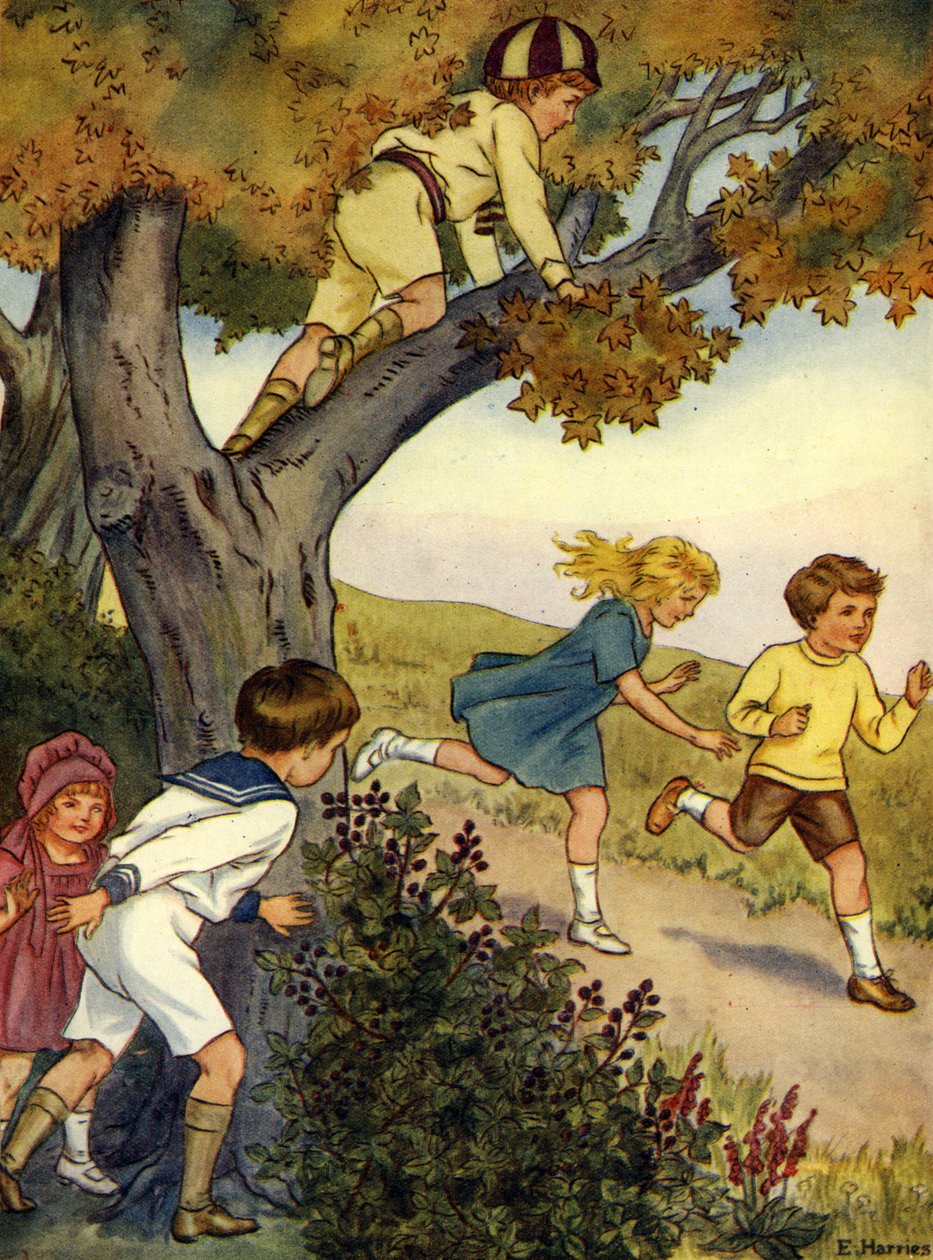 Kinder verstecken sich in und hinter einem Baum von Edwin Harris