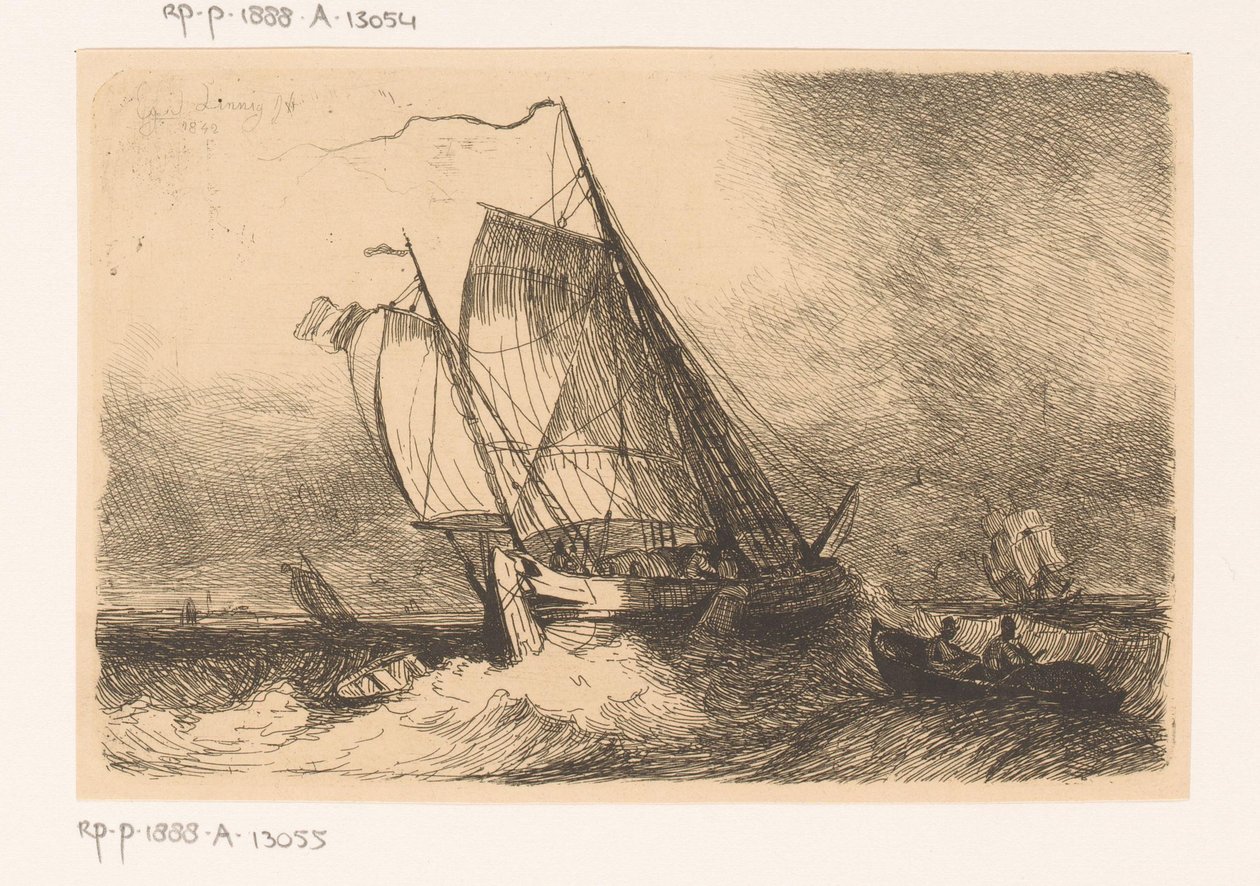 Segelschiffe und ein Ruderboot auf unruhiger See von Egidius Linnig