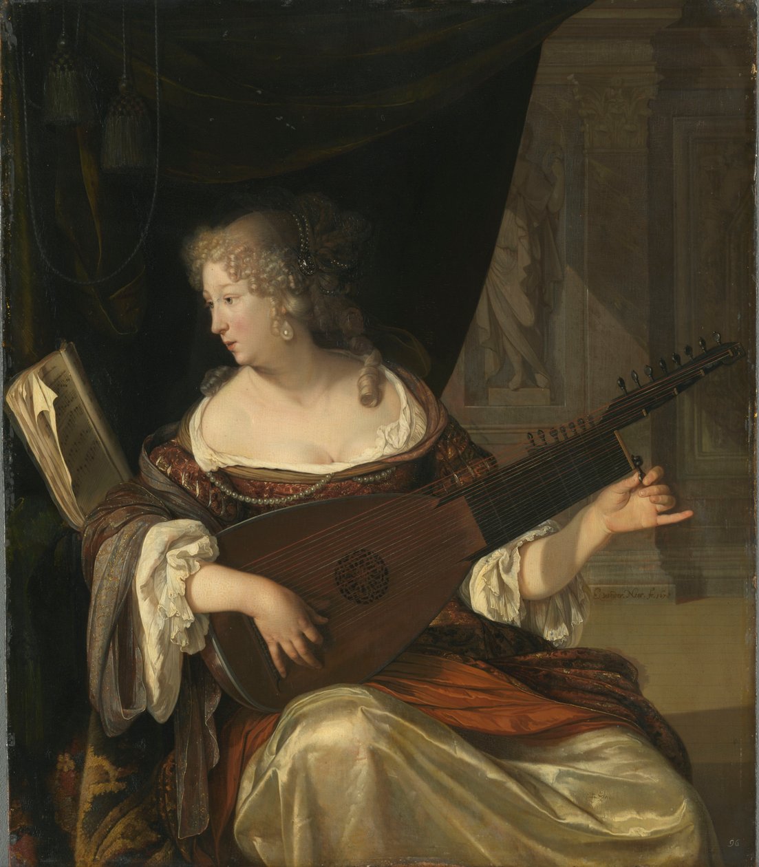 Frau, die eine Theorbe stimmt von Eglon van der Neer