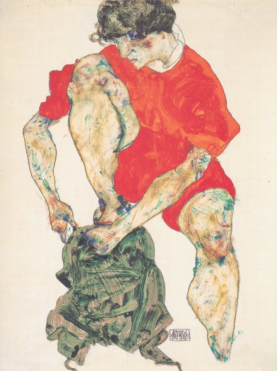 Weibliches Modell in rotem Gewand von Egon Schiele