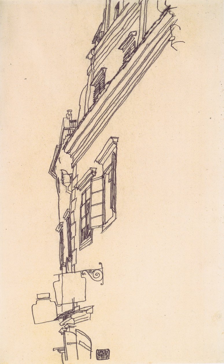 Alte Giebelhäuser in Krumau von Egon Schiele