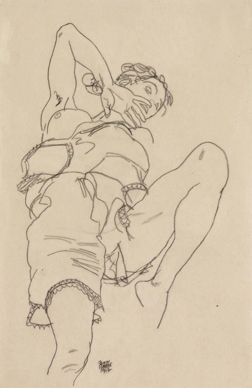 Frau in Unterwäsche, sich rückwärts lehnend von Egon Schiele