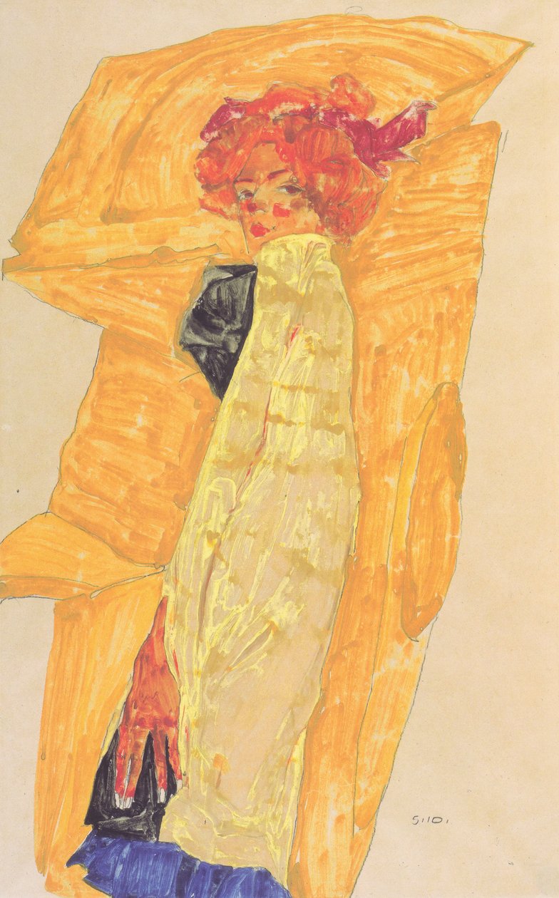 Gerti vor ockerfarbener Draperie von Egon Schiele